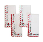 Holiday Holly Set of 4 Embroidered Cloth Napkins with Scalloped Edge Napkins