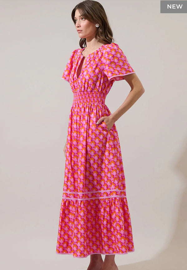 Paden Abstract Ordy Smocked Midi Dress