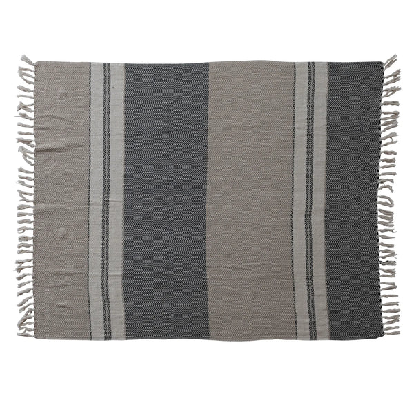 Woven Recycled Cotton Striped Throw with Fringe, Beige, Grey & Cream Color