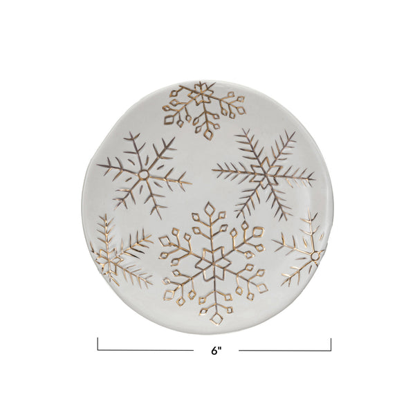 Stoneware Plate w/ Gold Electroplated Snowflakes