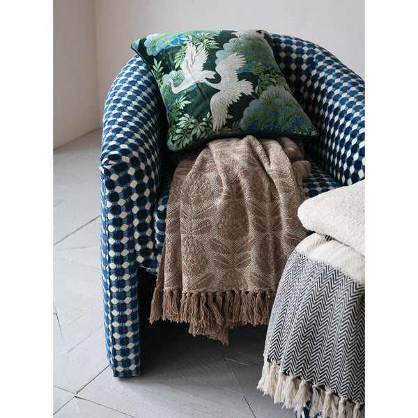 Woven Recycled Cotton Blend Jacquard Throw with Floral Pattern & Fringe