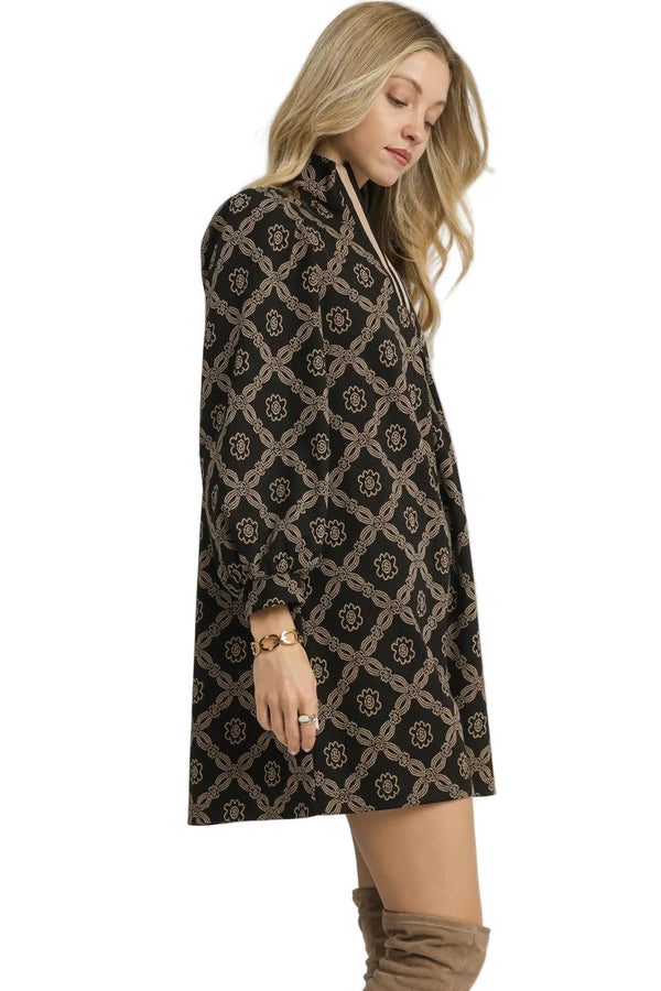 Black Geometric Print Long Sleeve Mini Dress