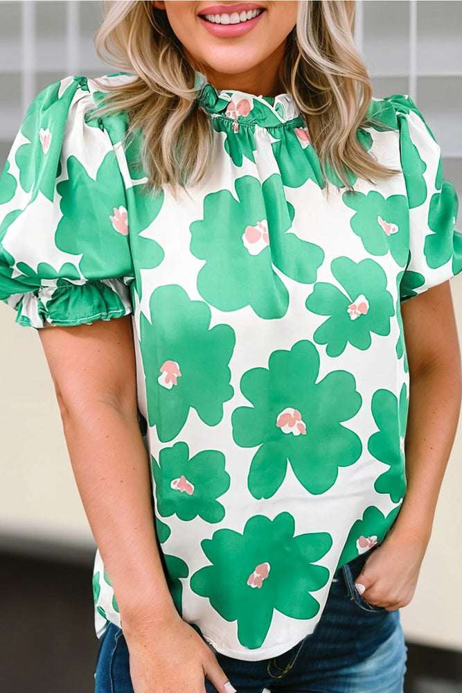 Green Floral Puff Sleeve Blouse