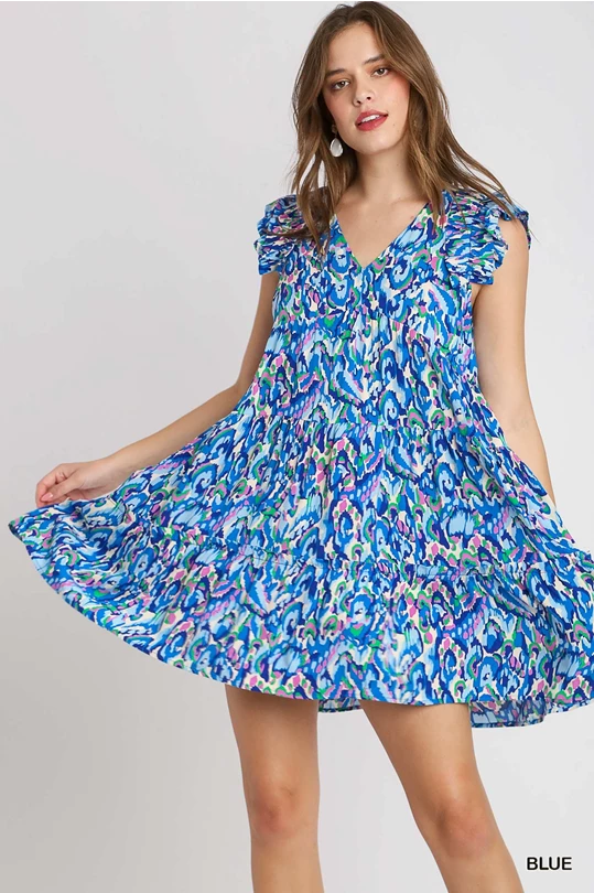 Mixed Print Flutter Sleeve Dress