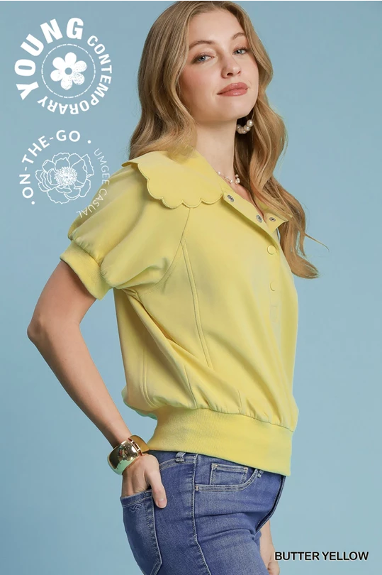Butter Yellow Scallop Collar Puff Sleeve Top