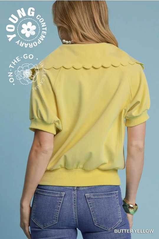 Butter Yellow Scallop Collar Puff Sleeve Top