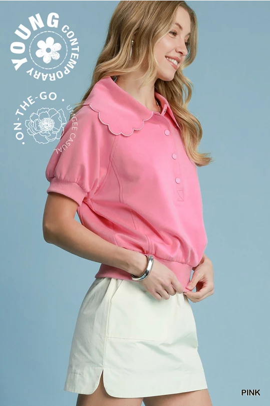 Pink Scallop Collar Puff Sleeve Top
