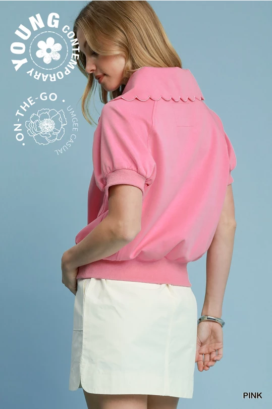 Pink Scallop Collar Puff Sleeve Top