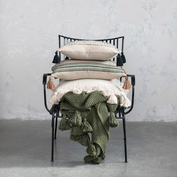 Cotton Knit Throw w/ Tassels, Olive Green