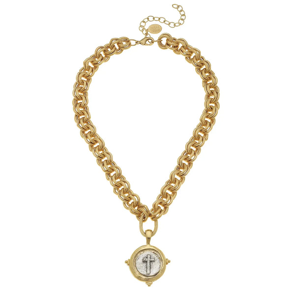 Gold and Silver Italian Intaglio Cross Necklace