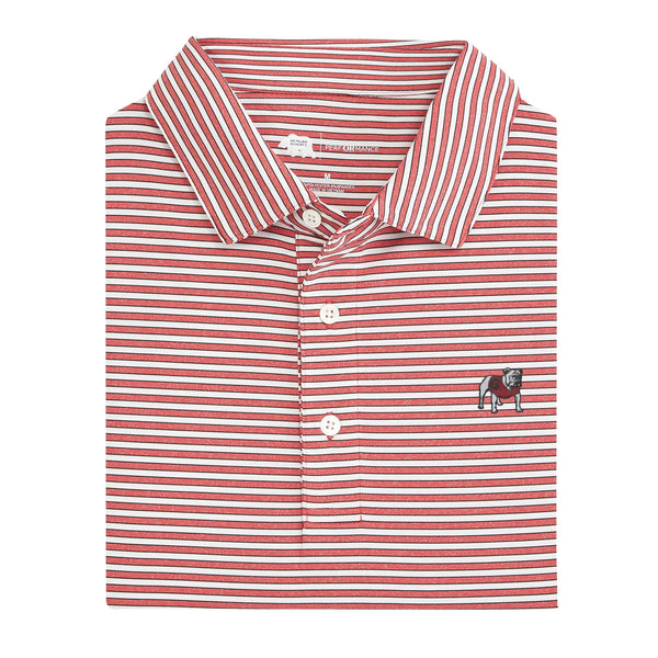 Standing Bulldog Mulligan Stripe Performance Polo: Heather Red/Black