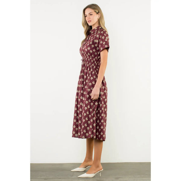 Smocked Waist Short Sleeve Print Midi Dress - Maroon