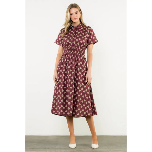 Smocked Waist Short Sleeve Print Midi Dress - Maroon