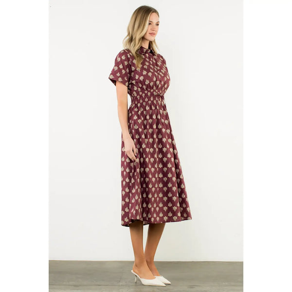 Smocked Waist Short Sleeve Print Midi Dress - Maroon