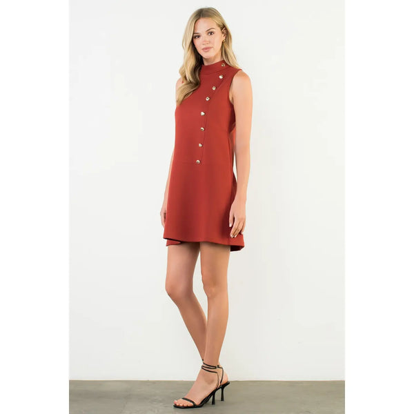 Button Detail High Neck Sleeveless Dress - Rust