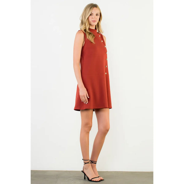 Button Detail High Neck Sleeveless Dress - Rust