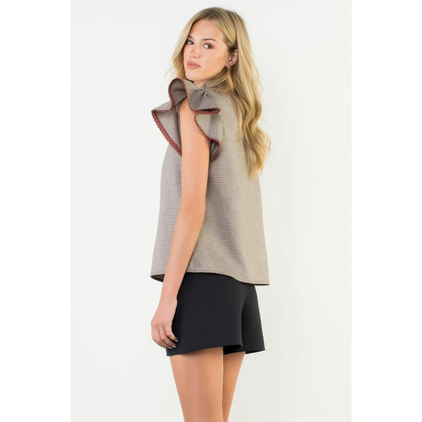 Smocked Neck Flutter Sleeve Houndstooth Top