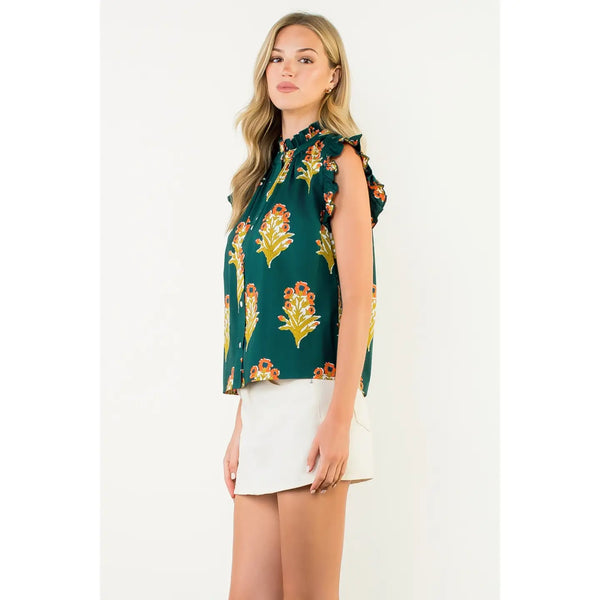 Flutter Sleeve Floral Detail Top - Green