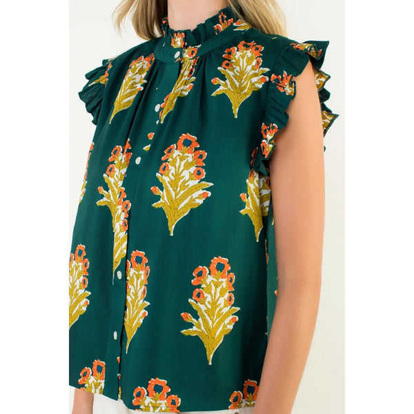 Flutter Sleeve Floral Detail Top - Green