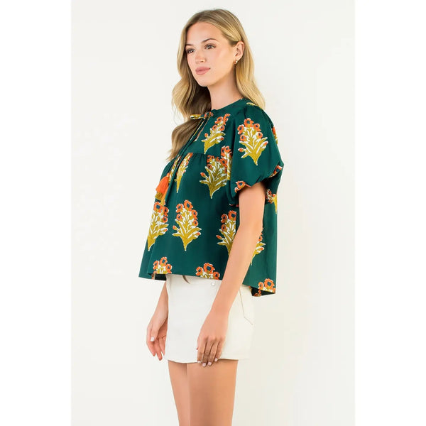 Puff Sleeve Floral Detailed Tie Tassel Top - Green