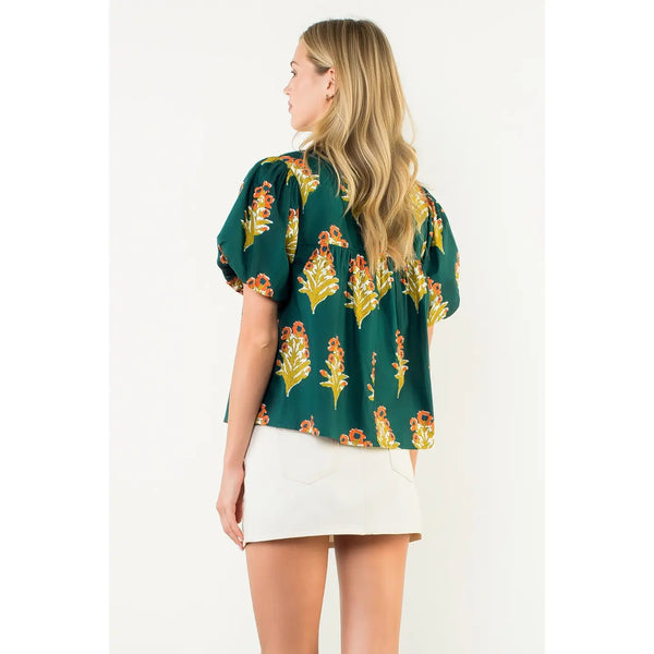 Puff Sleeve Floral Detailed Tie Tassel Top - Green
