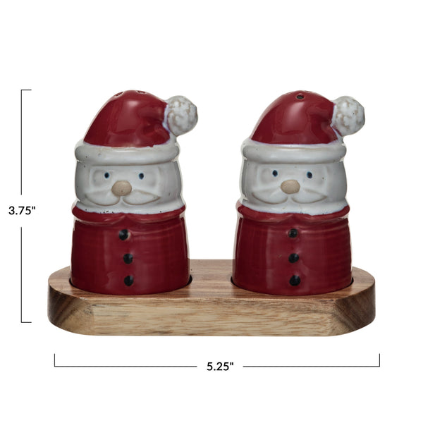 Stoneware Santa Shaped Salt & Pepper Shakers w/ Acacia Wood Tray