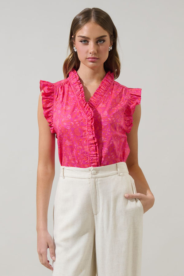 Cerise Floral Eviel Ruffle Blouse