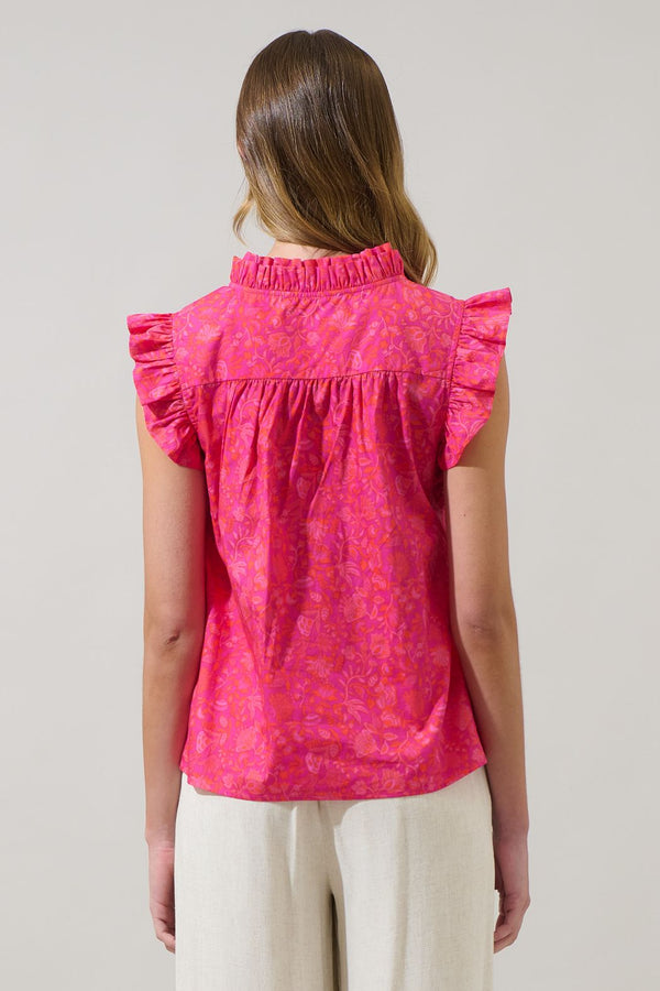 Cerise Floral Eviel Ruffle Blouse