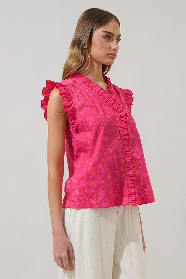 Cerise Floral Eviel Ruffle Blouse