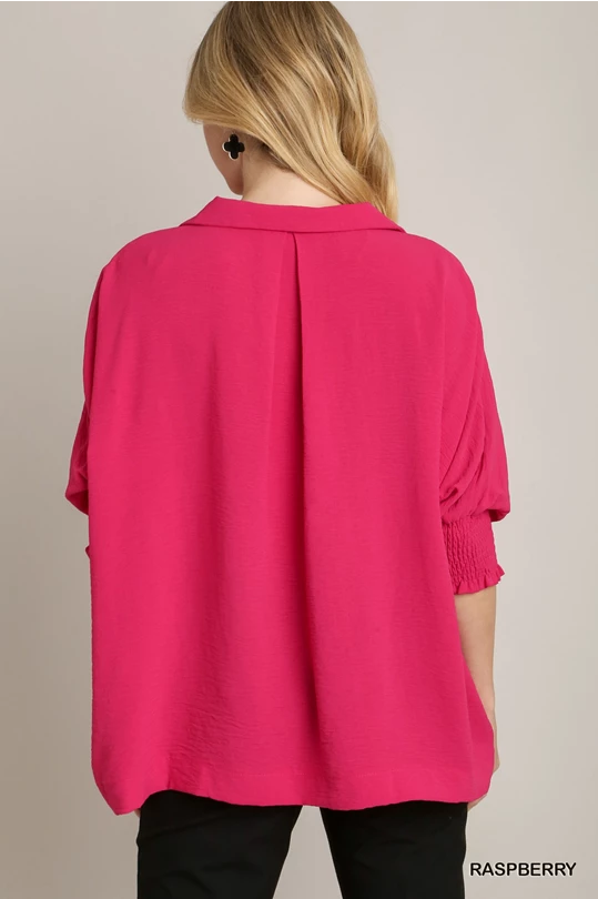 Collared Blouse with Sleeve Cuffs - Raspberry