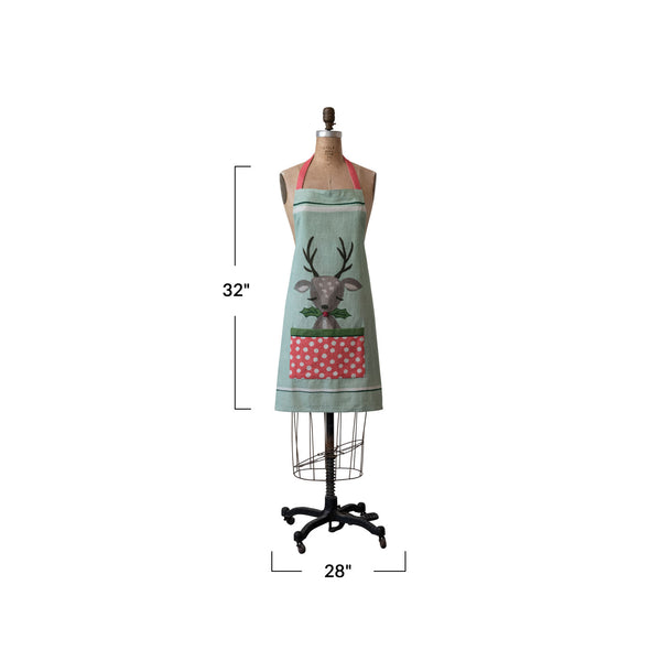 Cotton Slub Printed Apron w/ Reindeer, Holly & Polka Dot Pocket