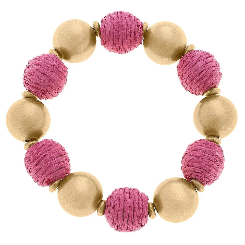 Demi Raffia and Ball Bead Stretch Bracelet in Pink