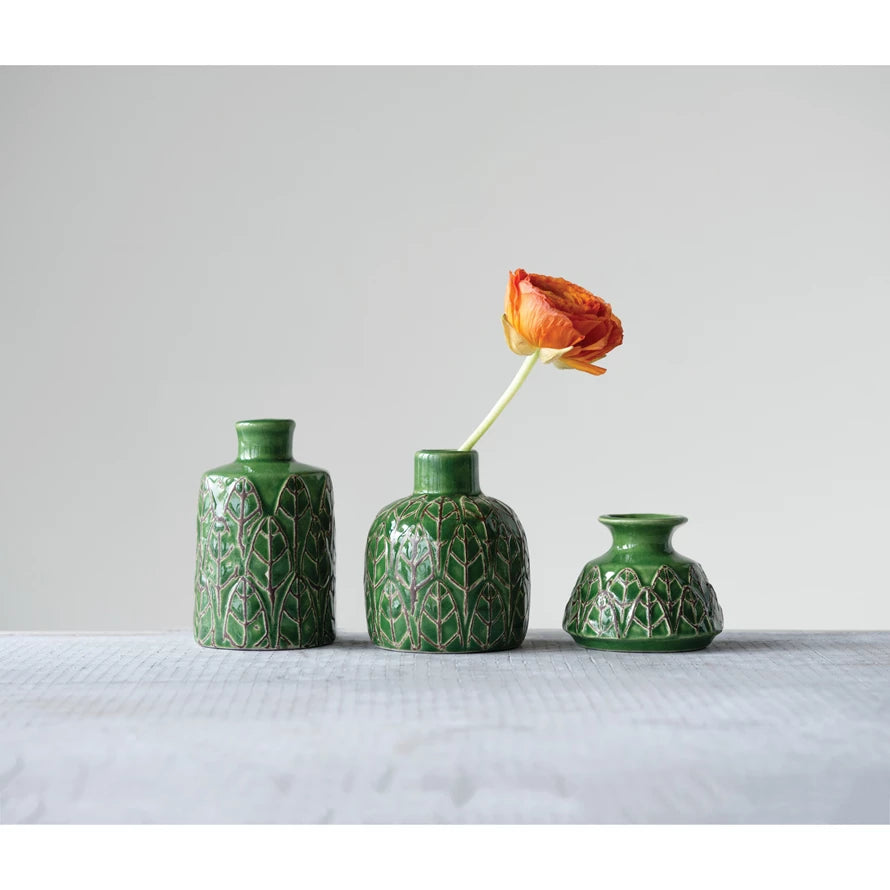 Embossed Stoneware Vase Green