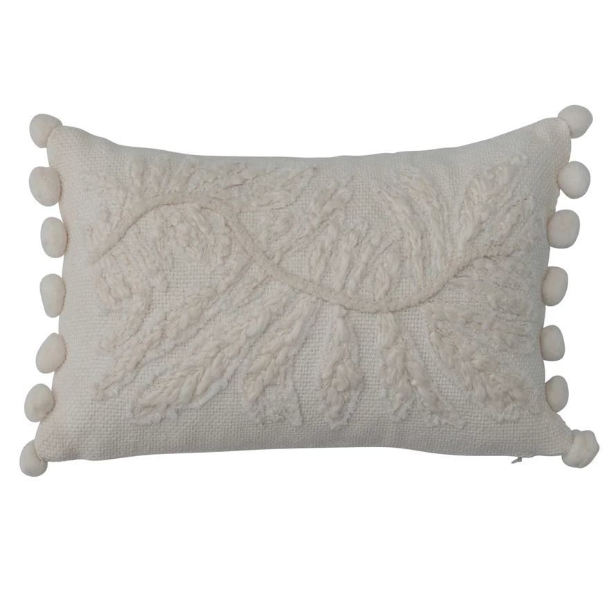 14" x 9" Cotton Lumbar Pillow w/ Embroidery & Pom Poms