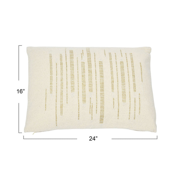 24" x 16" Woven Cotton Slub Lumbar Pillow w/ Gold Metallic Thread Embroidery, Polyester Fill