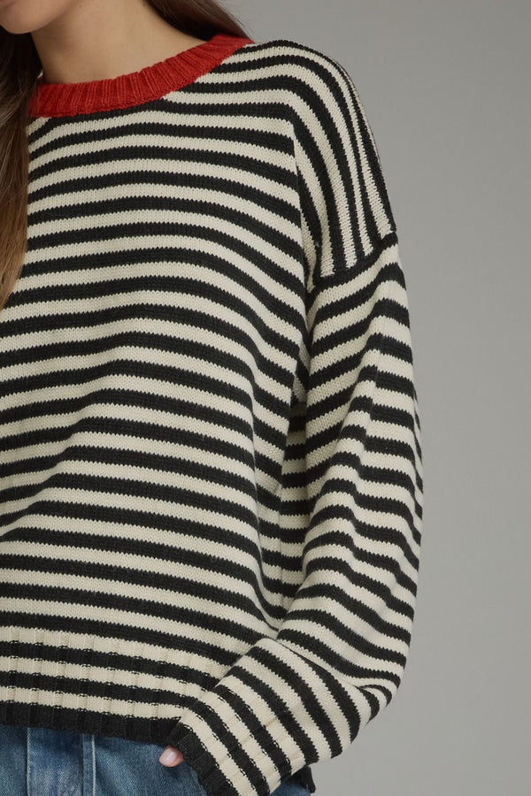 Cream & Black Stripe Knit Top w Contrast Round Neck