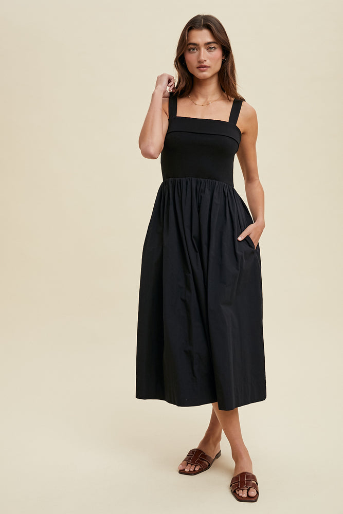 Mixed Fabric Tank Midi Dress - Black