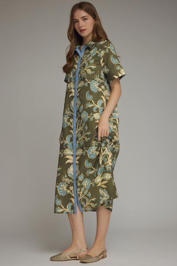 Olive Floral Print Short Sleeve Midi Dress w Contrast Trim Detail