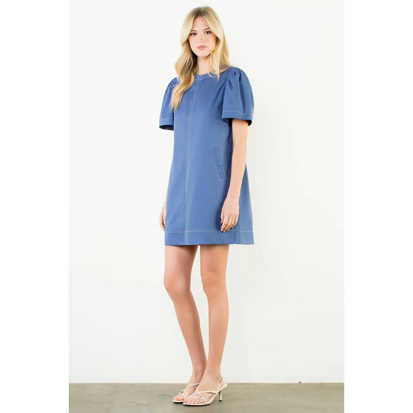 Blue Short Sleeve Contrast Stitch Dress