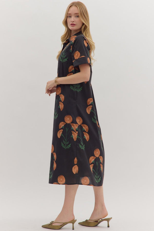 Black Floral Print Short Sleeve Midi Dress