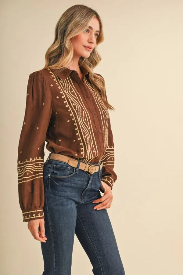 Suede Chocolate Brown Embroidered Top