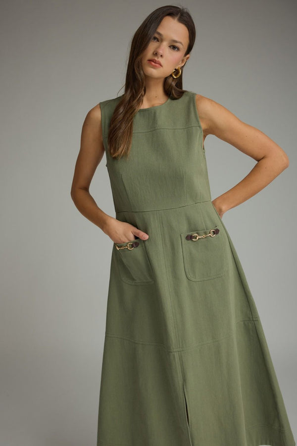 Olive Sleeveless Midi Dress w Horsebit Accent Detail