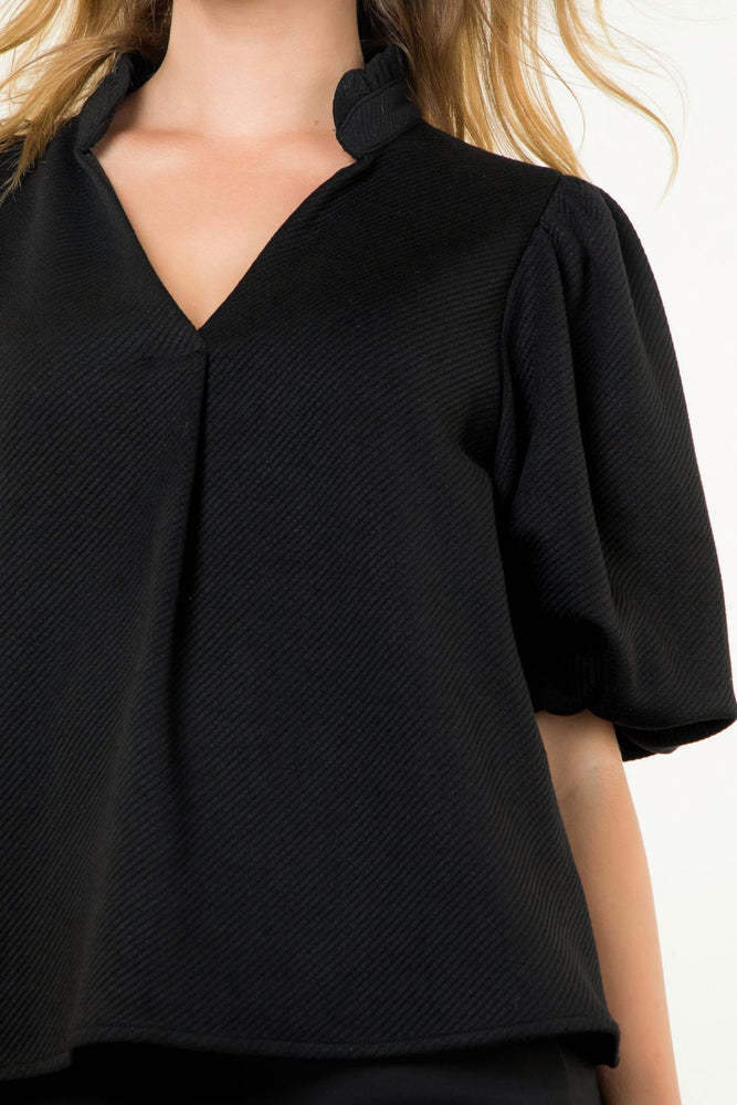 Black Puff Sleeve V-Neck Top