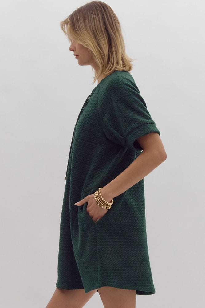 Green Textured Short Sleeve Mini Dress