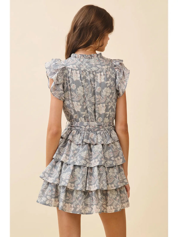 Floral Print Layered Ruffle Tiers V Neck Dress