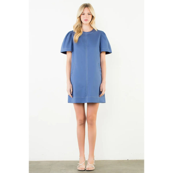 Blue Short Sleeve Contrast Stitch Dress