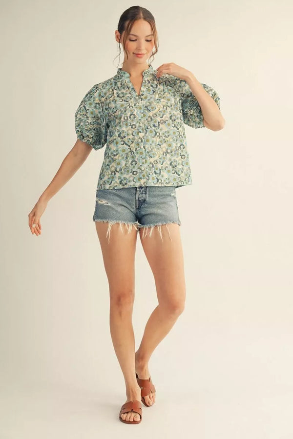 Puff Sleeves Blue & Green Button Down Floral Top