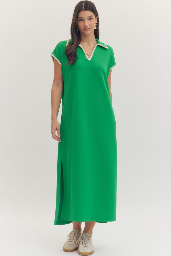 Green Solid Cap Sleeve Midi Dress w Contrast Scallop Trim