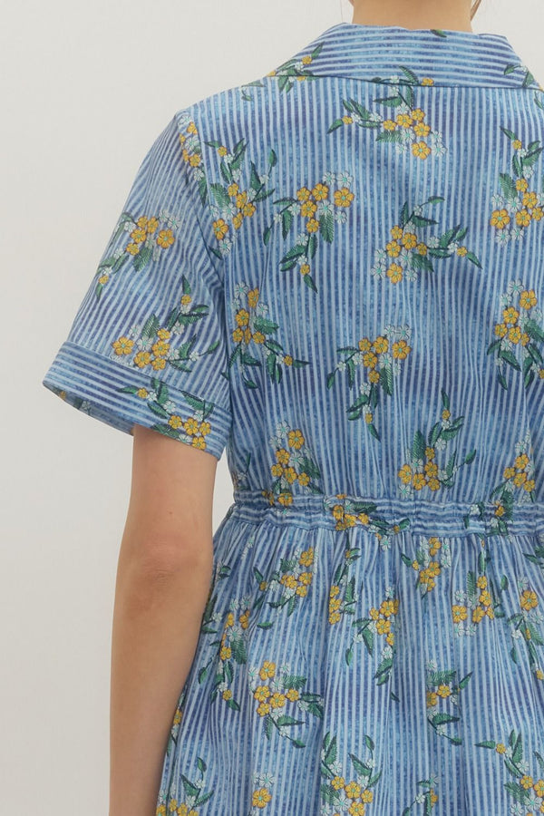 Striped Blue Floral Print Midi Dress Featuring Shirt Collar w Drawstring Waist