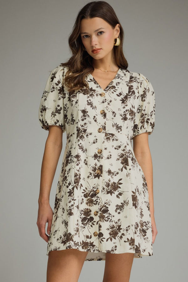 Ecru Floral Print V-neck Short Puff Sleeve Mini Dress